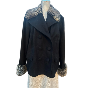Black Wool Pea Coat with Faux Fur Collar